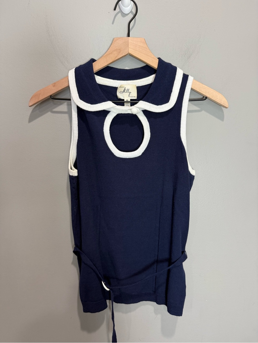 Milly Navy White Sailor Collar Sleeveless Knit Top Size M